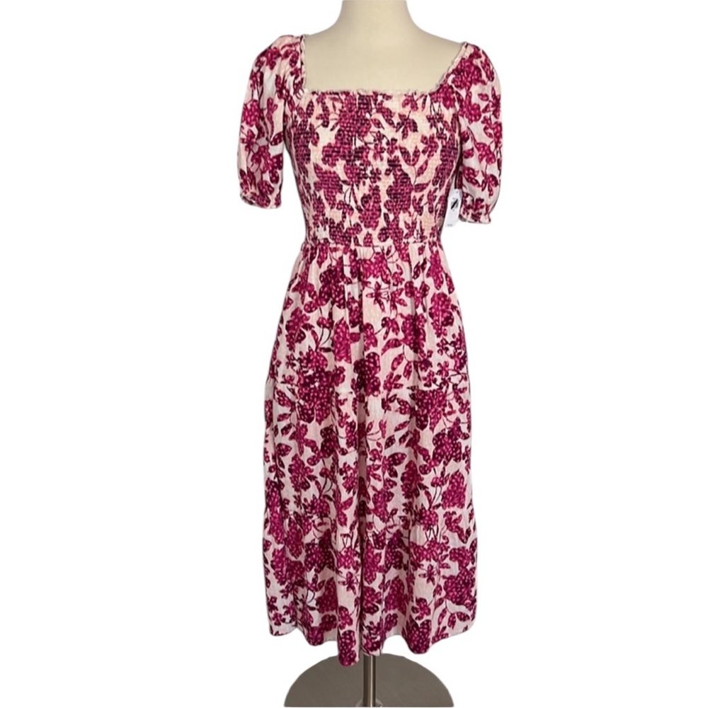 Old Navy Women’s Pink Floral Smocked Puff Short Sleeve Midi Dress Pockets Small